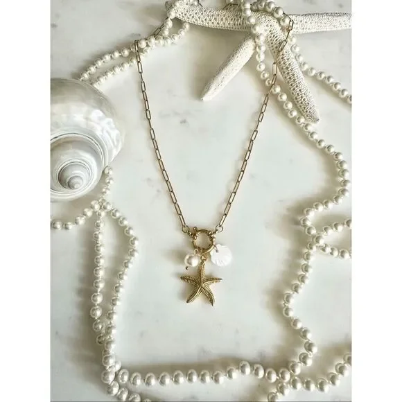 Starfish and faux pearl sea shell paper clip necklace - Picture 5 of 5